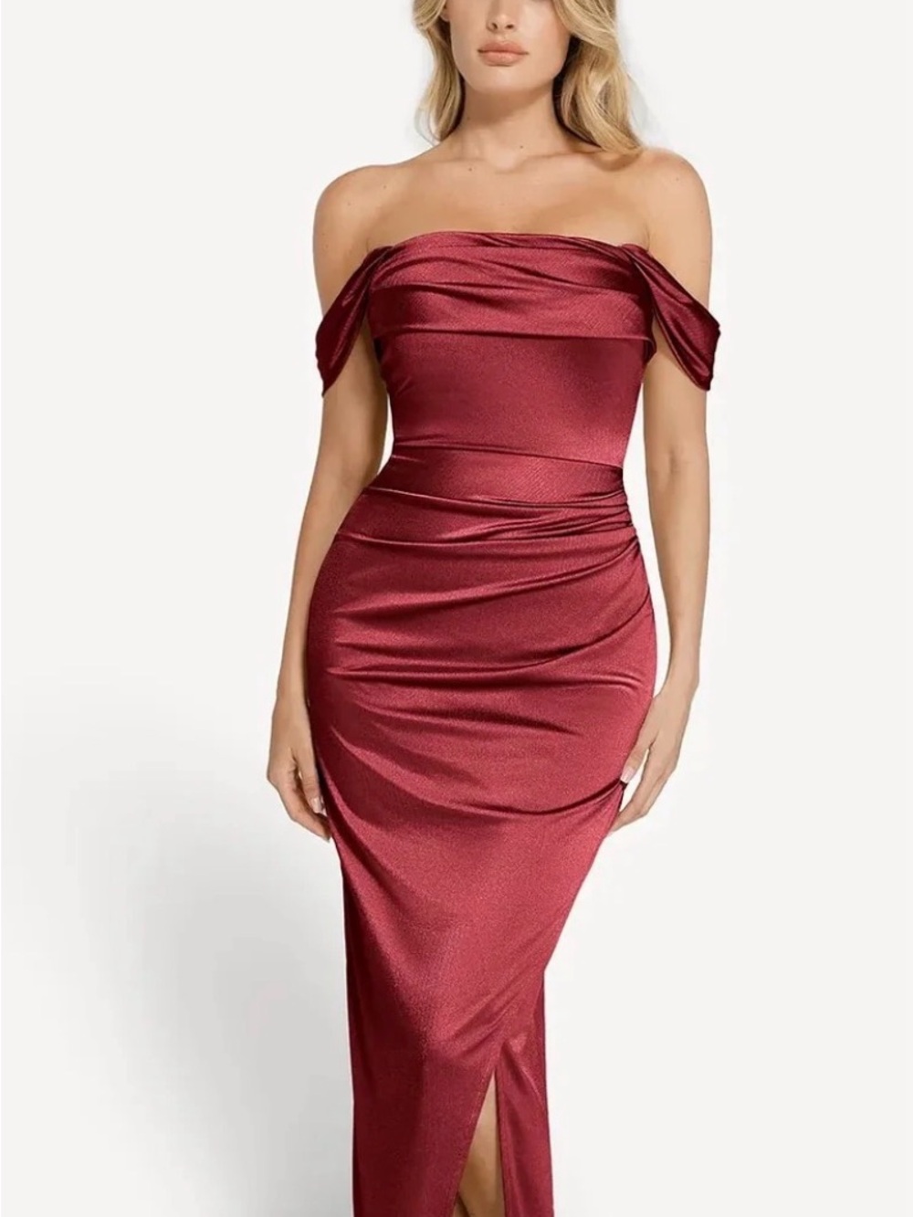Nwt Popilush Shapewear Off Shoulder Shine Ruched Sculpting Maxi Dress Red Large